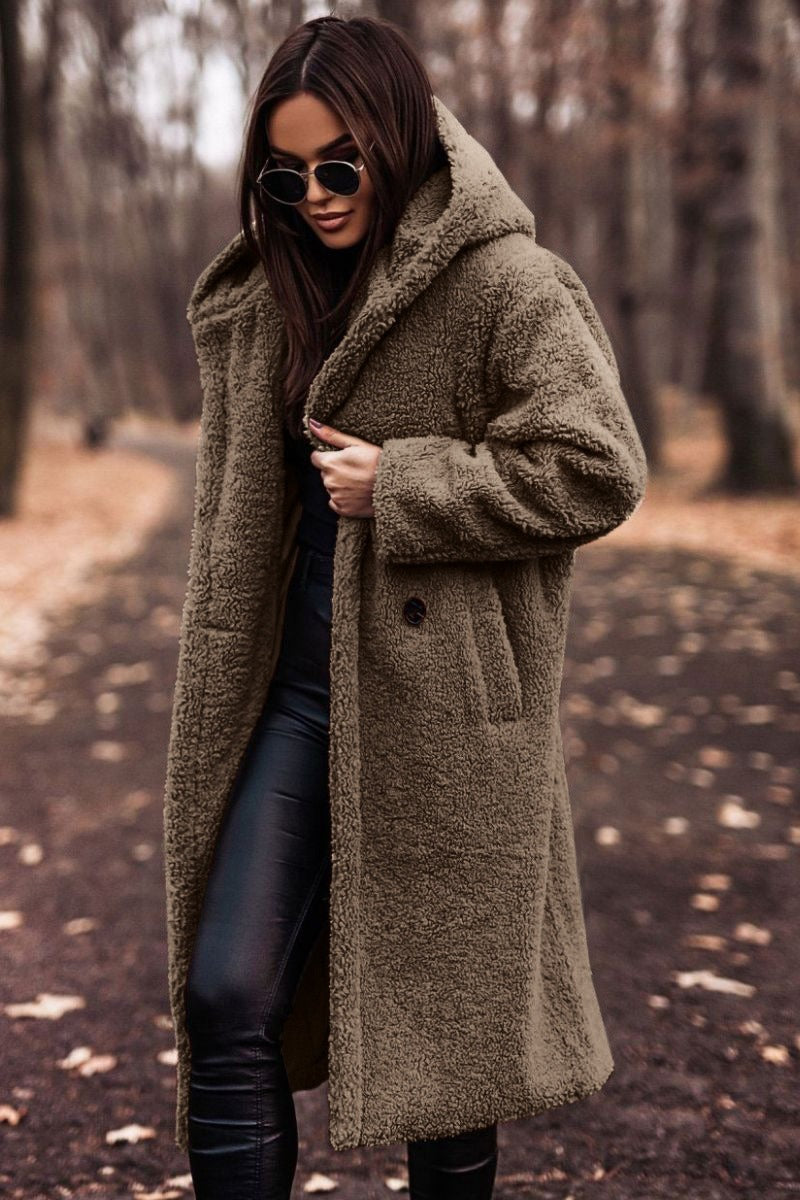 Damen Oversize Wollmantel Lang Mit Kapuze Und Knopfverschluss