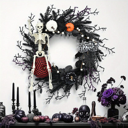 Halloween Gothic Skelett-Kürbis Türkranz – Gruselige Herbstdeko mit Kürbissen & schwarzen Zweigen