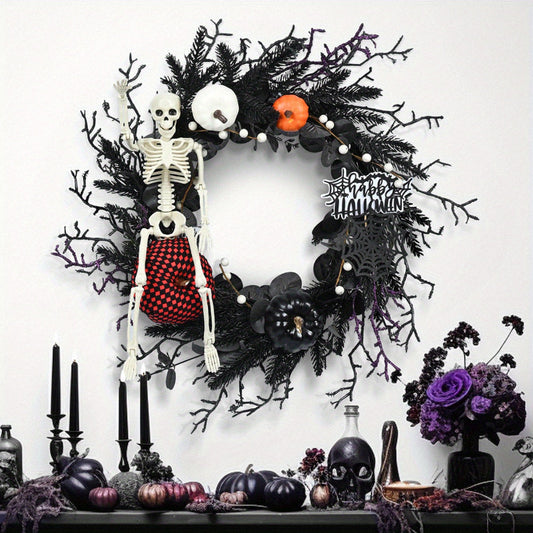 Halloween Gothic Skelett-Kürbis Türkranz – Gruselige Herbstdeko mit Kürbissen & schwarzen Zweigen