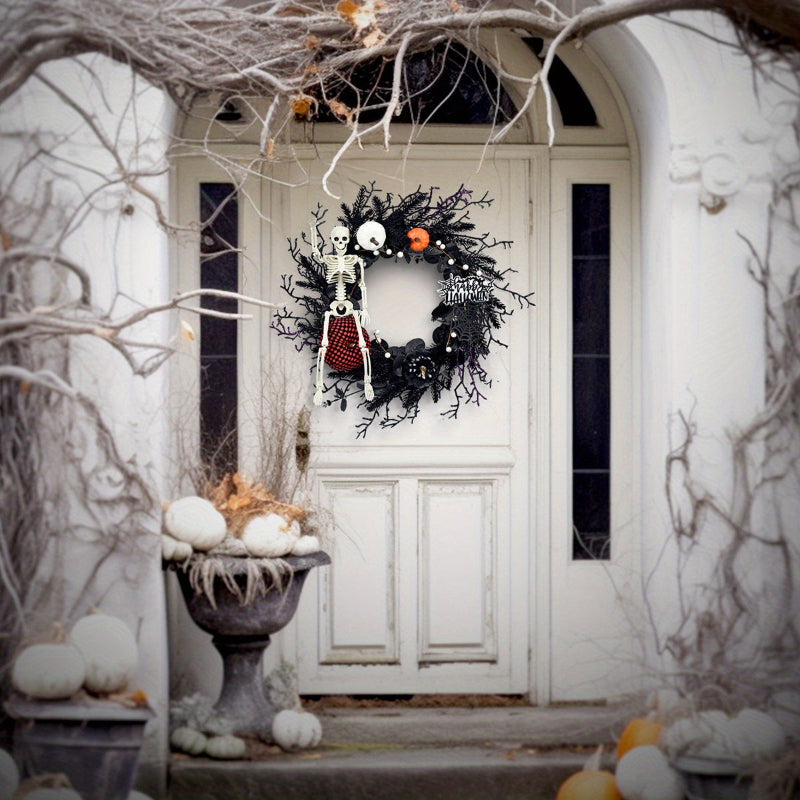 Halloween Gothic Skelett-Kürbis Türkranz – Gruselige Herbstdeko mit Kürbissen & schwarzen Zweigen