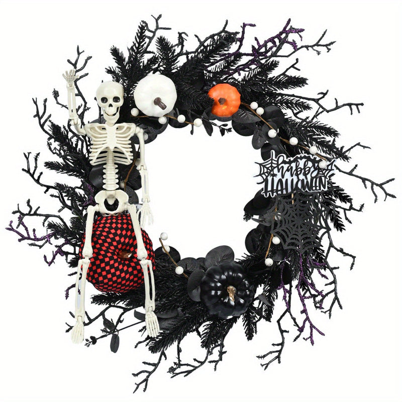 Halloween Gothic Skelett-Kürbis Türkranz – Gruselige Herbstdeko mit Kürbissen & schwarzen Zweigen