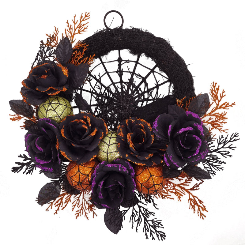 Halloween Gothic Türkranz mit Spinnennetz – Schwarze Rosen & Glitzerakzente für gruselige Herbstdeko