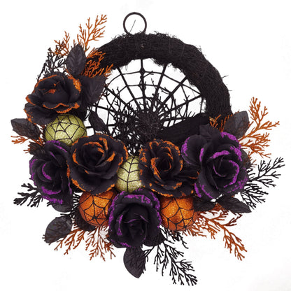 Halloween Gothic Türkranz mit Spinnennetz – Schwarze Rosen & Glitzerakzente für gruselige Herbstdeko