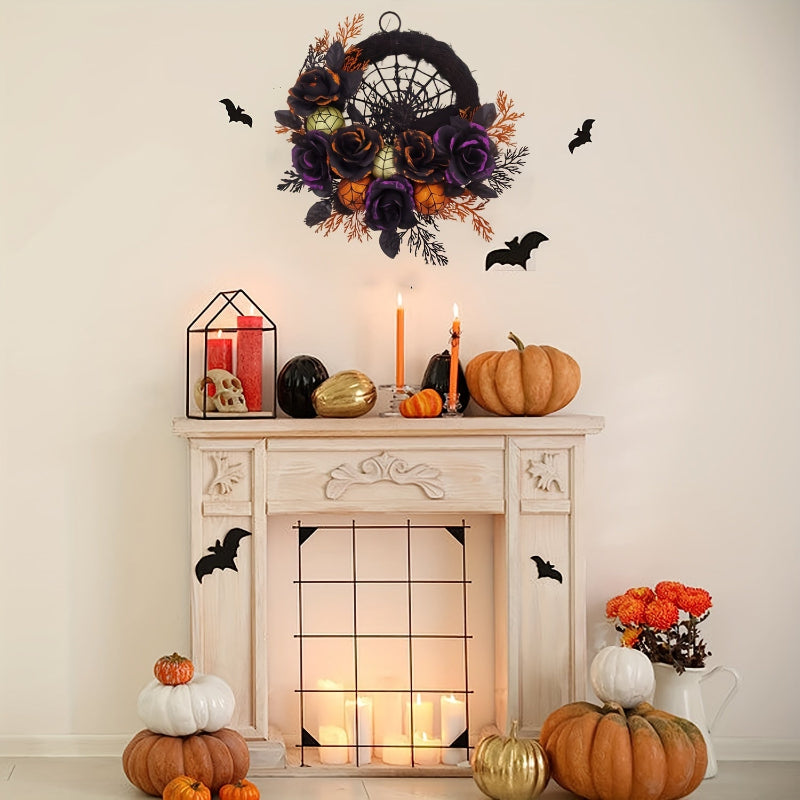 Halloween Gothic Türkranz mit Spinnennetz – Schwarze Rosen & Glitzerakzente für gruselige Herbstdeko