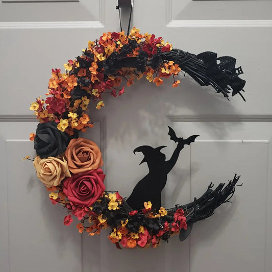 Herbstlicher Hexenkranz mit Halbmond – Rustikale Halloween-Türdekoration