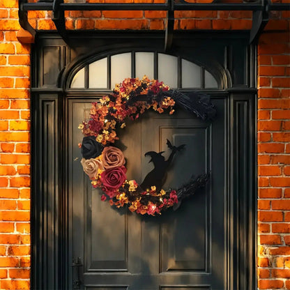 Herbstlicher Hexenkranz mit Halbmond – Rustikale Halloween-Türdekoration