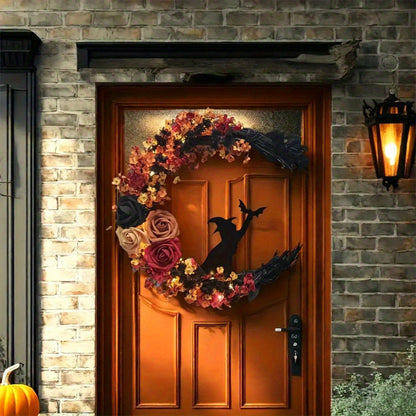 Herbstlicher Hexenkranz mit Halbmond – Rustikale Halloween-Türdekoration