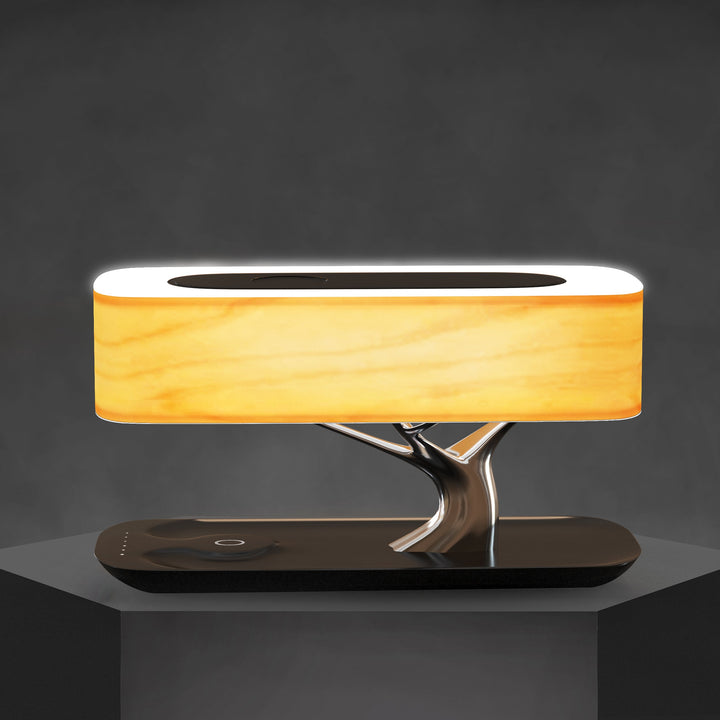 Design LED Tischlampe mit Holzoptik, Bluetooth Lautsprecher und Wireless Ladefunktion