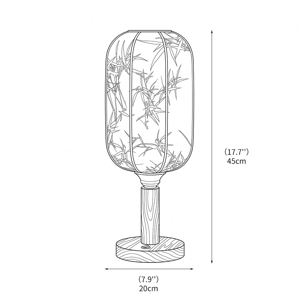 Tischlampe aus Holzoptik mit Stoffschirm, seitliche Ansicht
