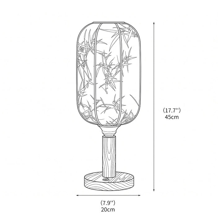 Tischlampe aus Holzoptik mit Stoffschirm, seitliche Ansicht