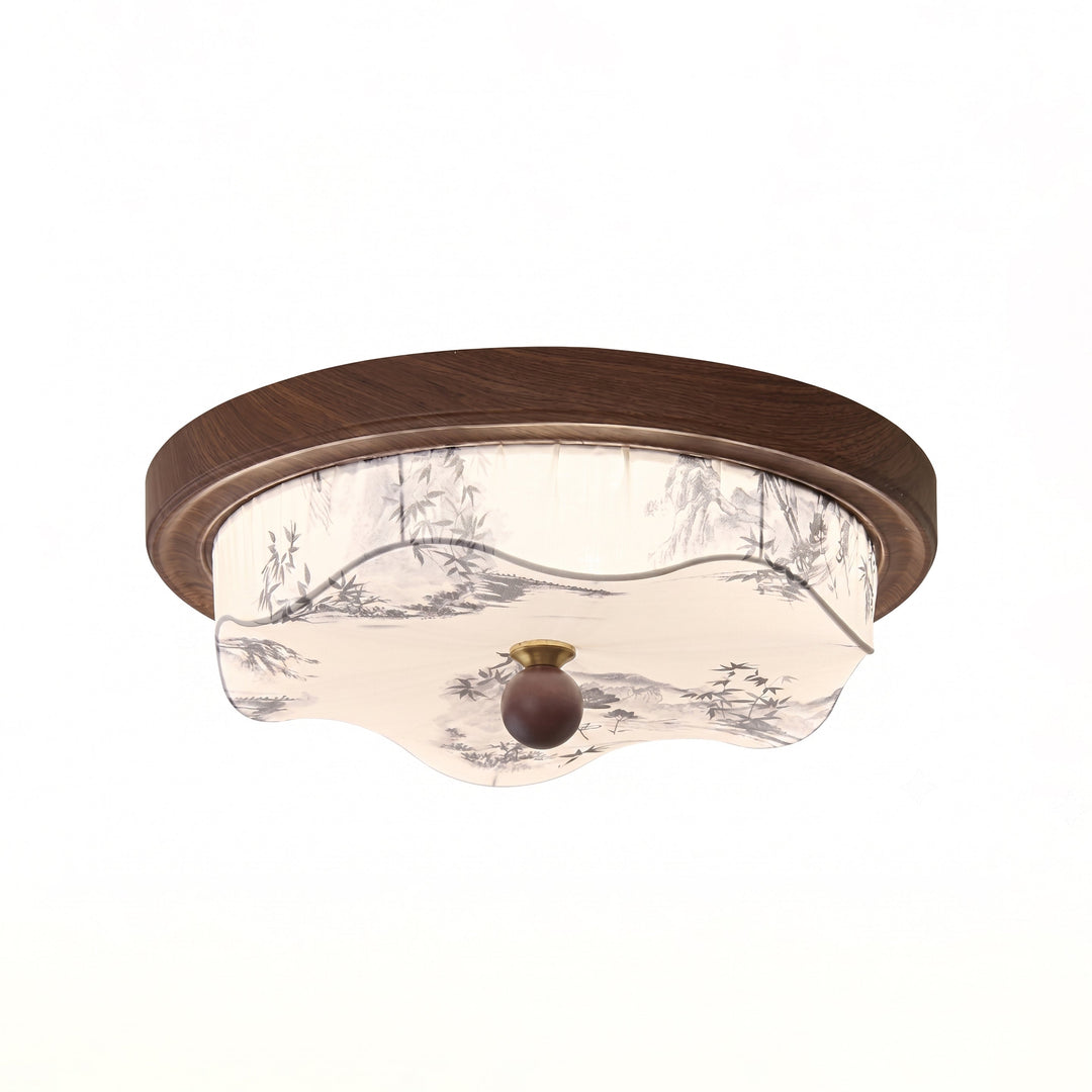Deckenleuchte aus Holz mit Stoffschirm und integriertem LED-Licht an der Decke