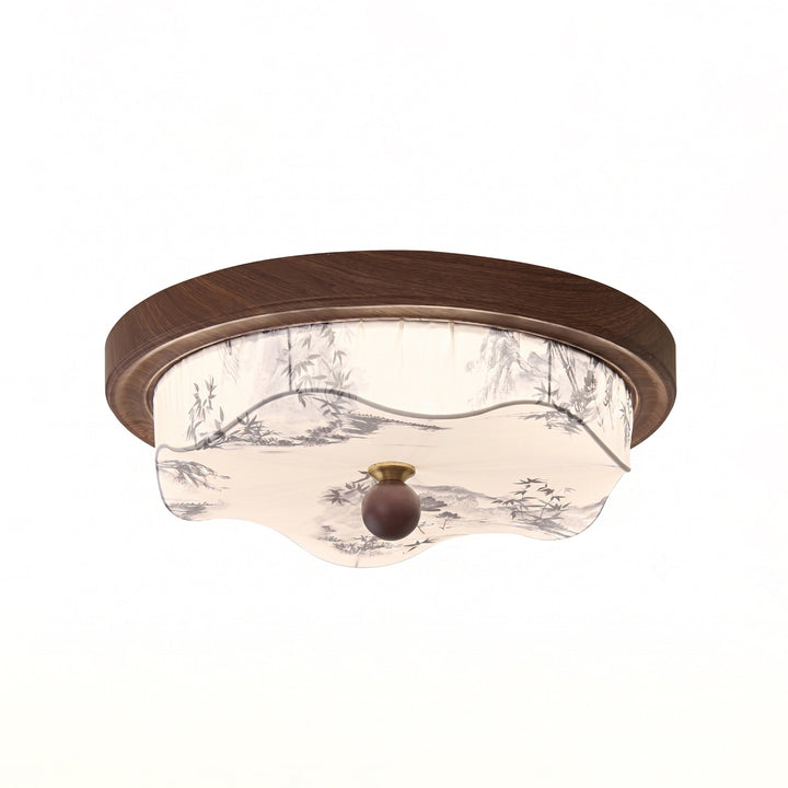 Deckenleuchte aus Holz mit Stoffschirm und integriertem LED-Licht an der Decke
