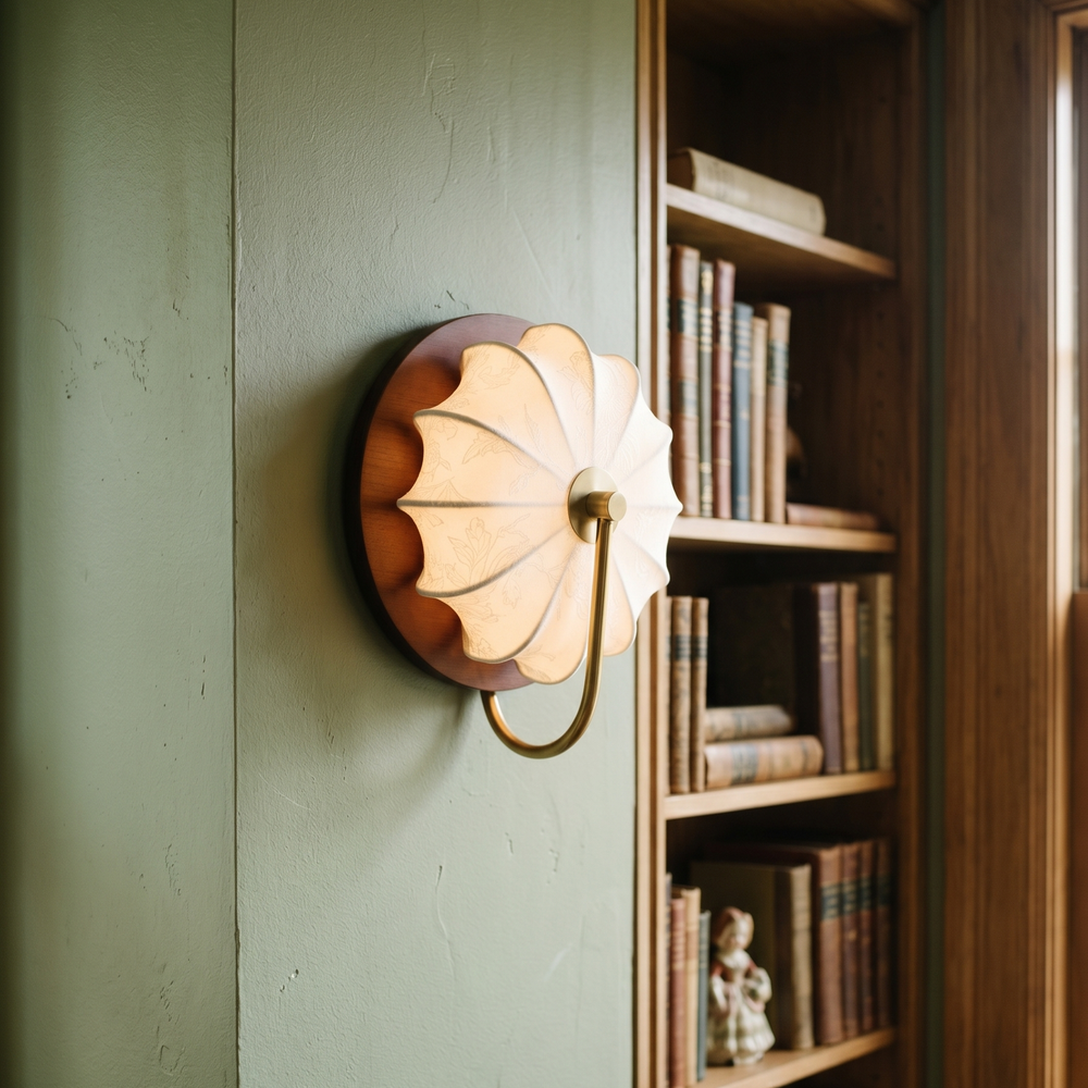 Moderne Wandleuchte mit Stoffschirm und Holzdetail in seitlicher Ansicht
