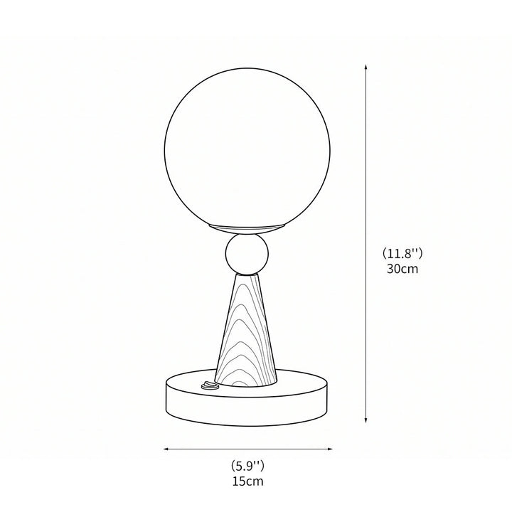 Detailansicht der Tischlampe mit natürlichem Holzsockel und rundem Glas