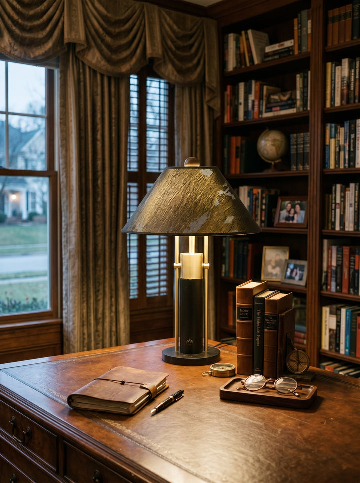 Dekorative Tischlampe mit Kombination aus Holz, Metall und Textilschirm