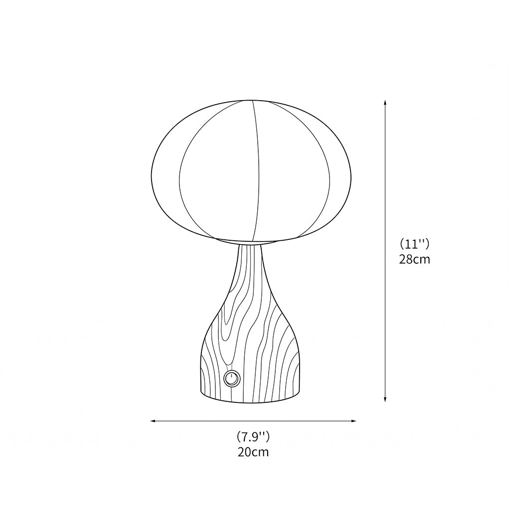 Detailansicht der Tischlampe mit strukturiertem Glas und Oberfläche in Walnussoptik