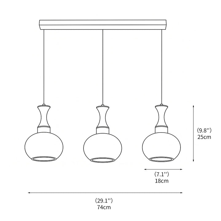 Seitliche Ansicht der modernen Pendelleuchte aus Holz und Glas