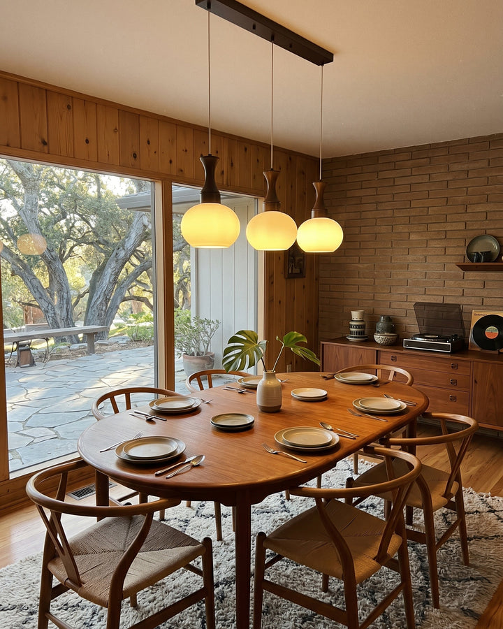 Pendelleuchte Holz Glas modern in stilvollem Esszimmer