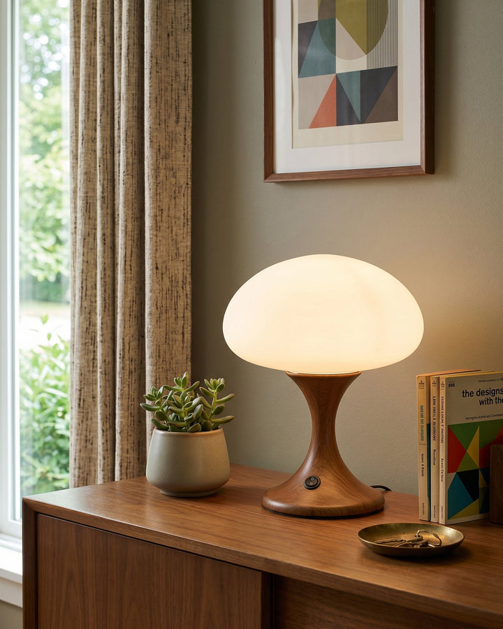 Pilz-Tischlampe aus Holz und Glas als stilvolles Wohnaccessoire