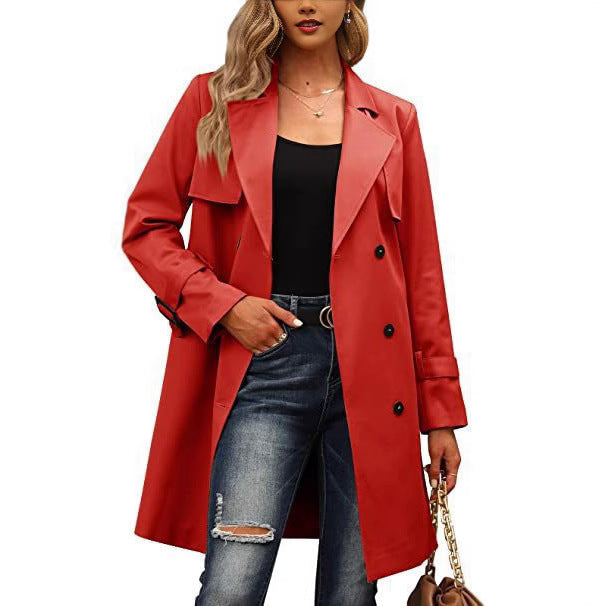 Damen Langer Mantel Mit Doppelreihigem Schnitt Und Taillierter Form