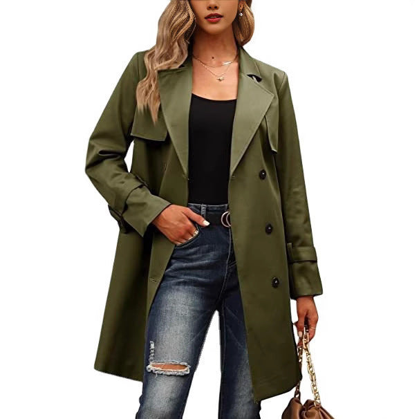 Damen Langer Mantel Mit Doppelreihigem Schnitt Und Taillierter Form