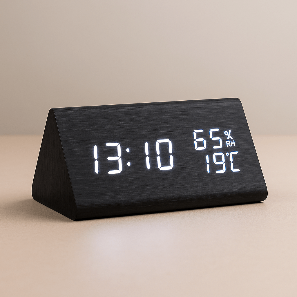 Kompakte digitale Uhr mit Temperaturanzeige auf einer Tischoberfläche