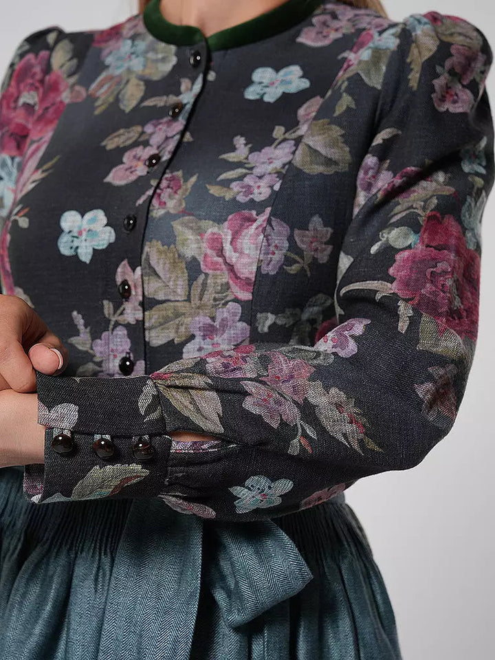 Damen Dirndlkleid Schwarz Mit Blumenmuster Und Schürze