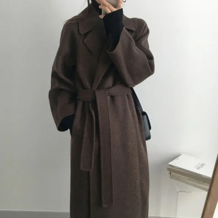 Damen Langer Wintermantel Mit Gürtel Und Weiten Ärmeln