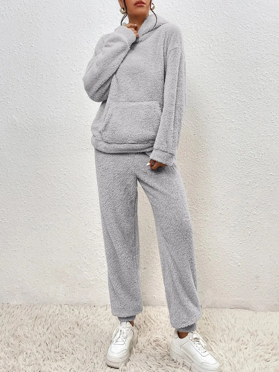 Damen Teddy Hausanzug Mit Kapuze