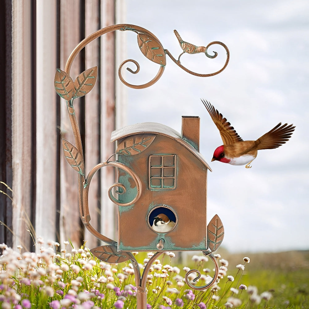 Metall-Gartenstecker mit Vogelhausmotiv für Beet und Garten