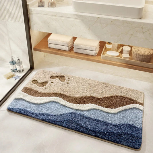 Badezimmermatte Küstenmotiv – Rutschfeste Mikrofaser Matte mit Fußabdruck-Design
