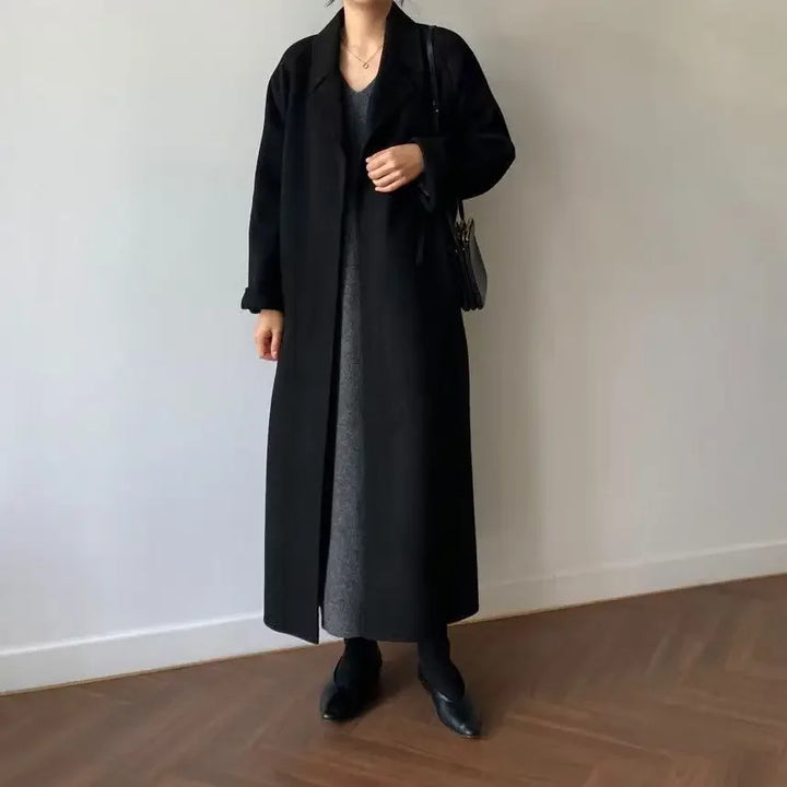 Damen Langer Wintermantel Mit Gürtel Und Weiten Ärmeln