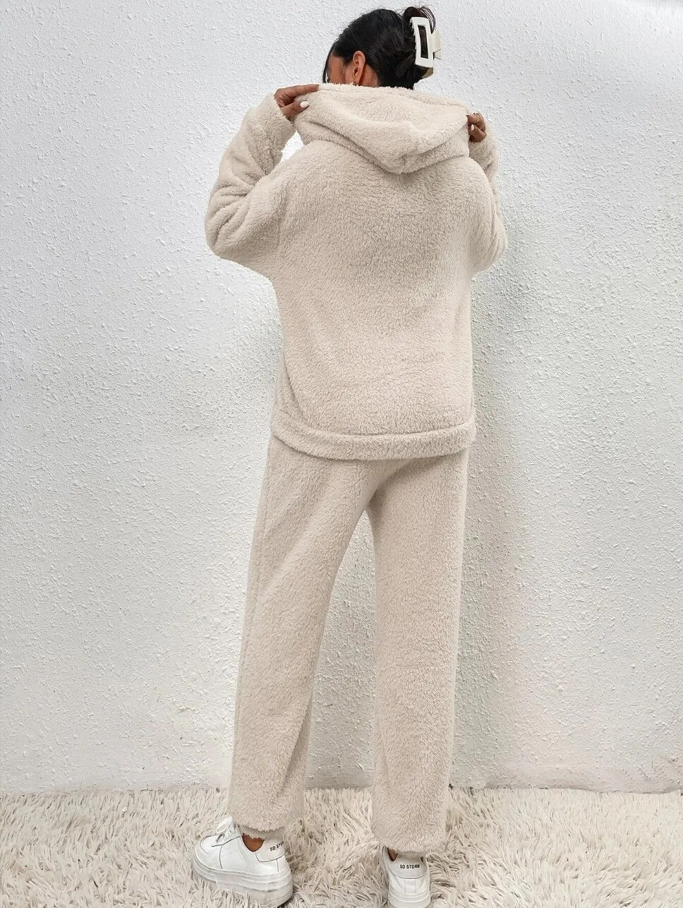 Damen Teddy Hausanzug Mit Kapuze