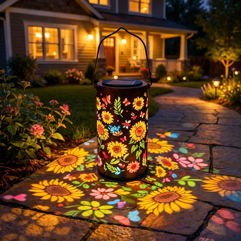 Solar Gartenlaterne aus Metall mit warmem Licht und projiziertem Blütendesign