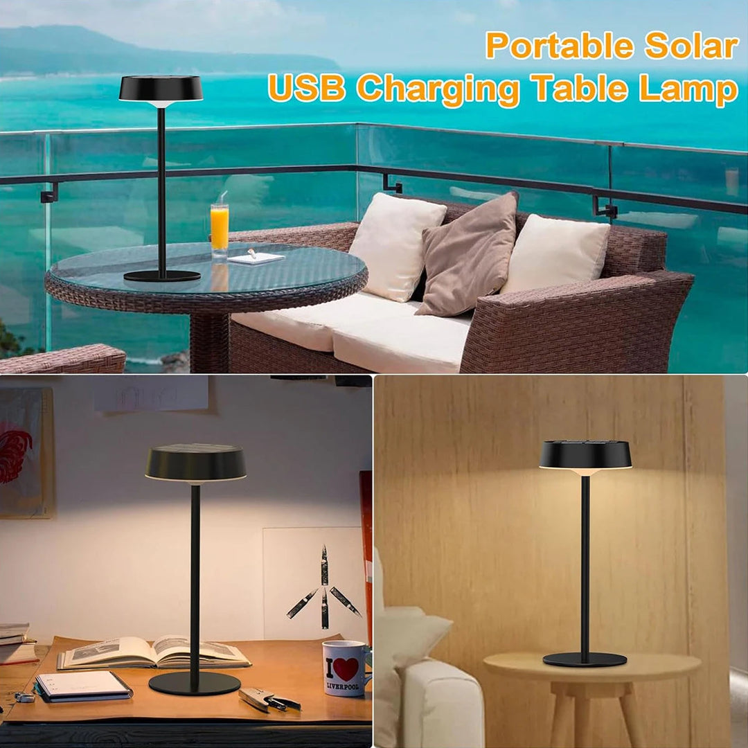 Detailansicht der Solar Tischlampe mit schlankem Lampenschirm und Standfuß