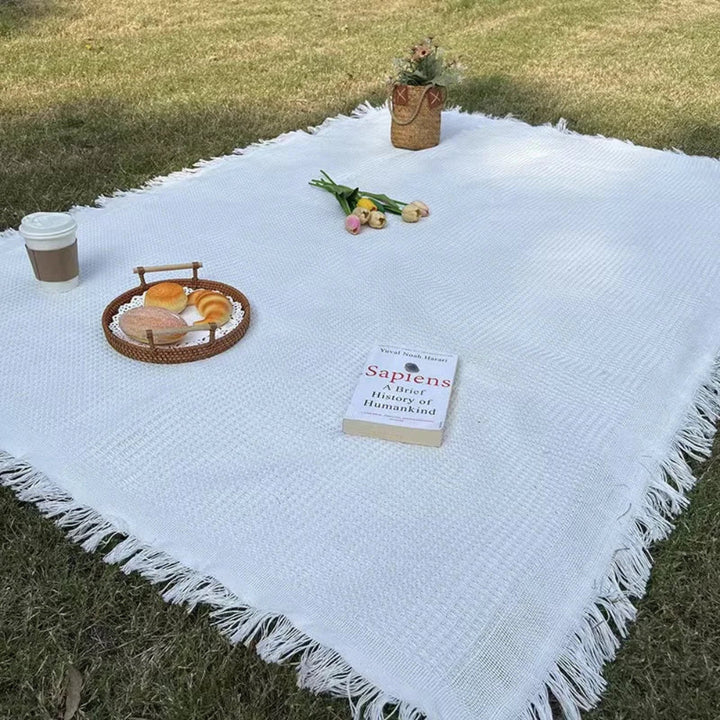 Nahaufnahme der Tischdecke aus Baumwolle und Leinen