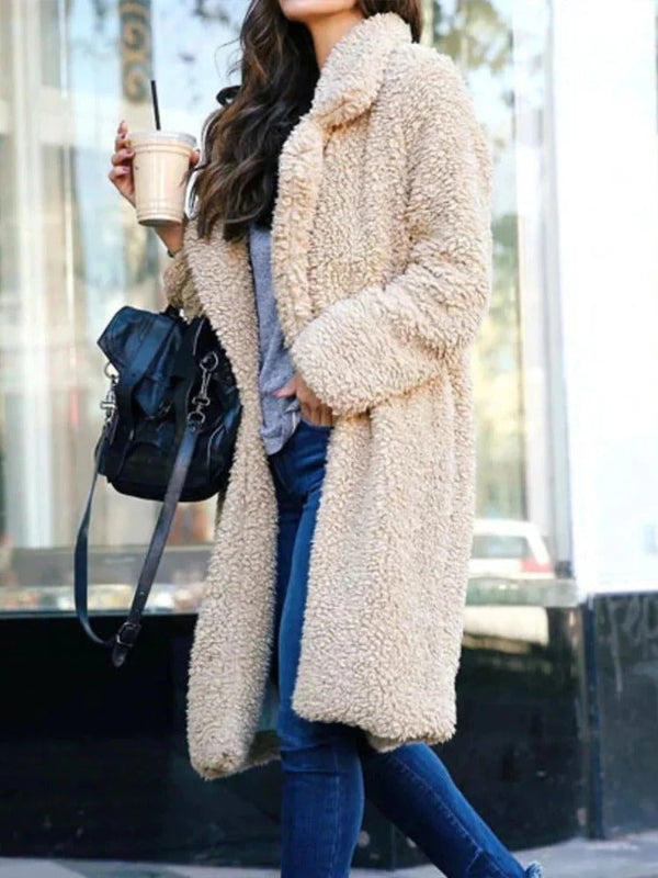 Damen Oversize Teddymantel Lang Mit Reverskragen
