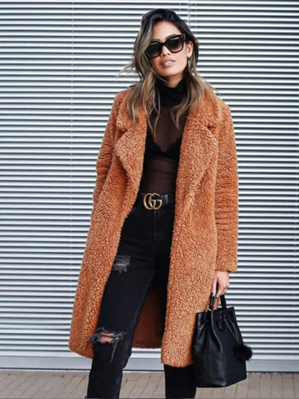 Damen Oversize Teddymantel Lang Mit Reverskragen