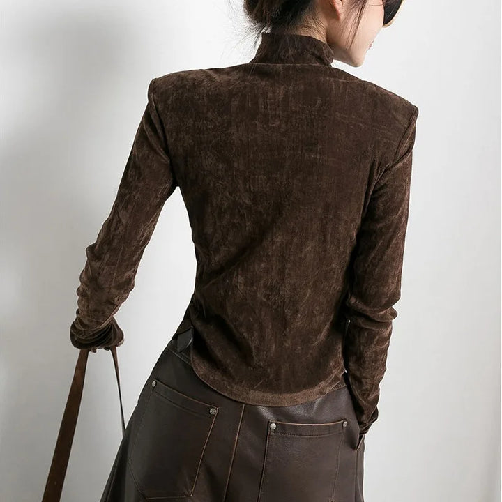 Damen Samt Oberteil Braun – Elegantes Basic mit Langarm