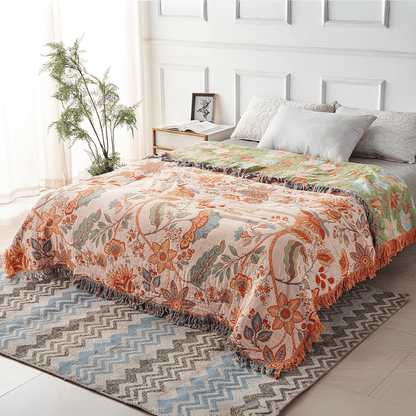 Boho Decke mit Blumenmuster – Baumwoll Plaid mit Fransen