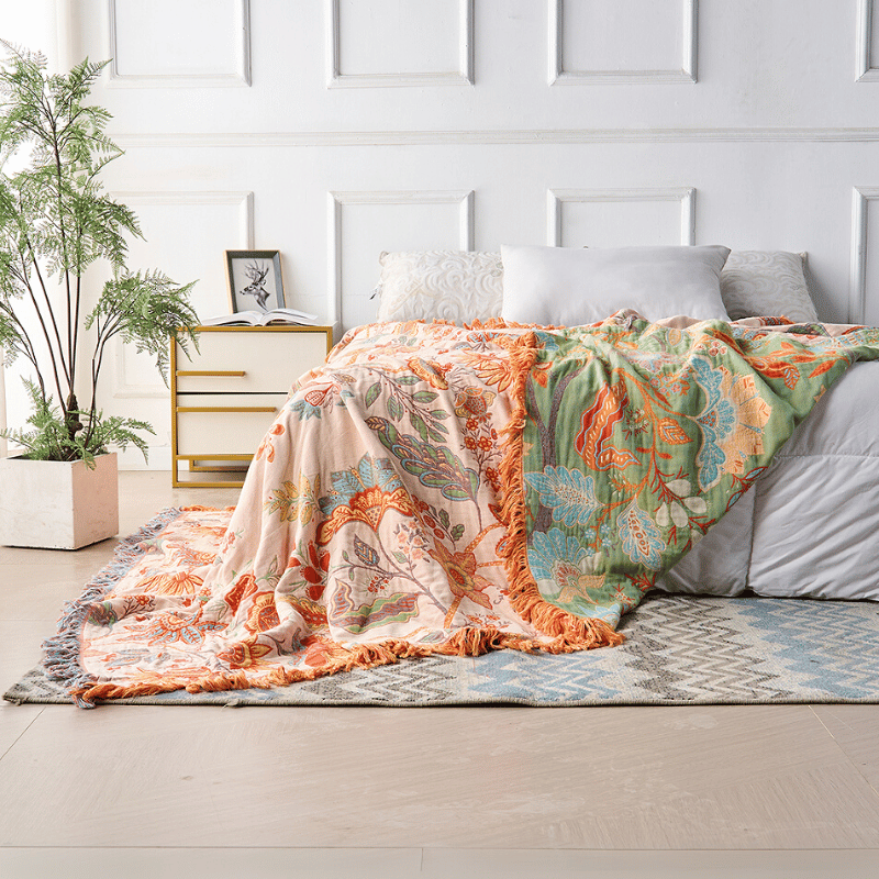 Boho Decke mit Blumenmuster – Baumwoll Plaid mit Fransen