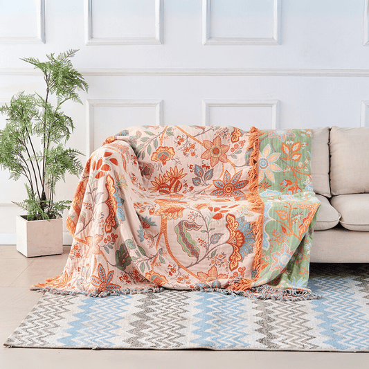 Boho Decke mit Blumenmuster – Baumwoll Plaid mit Fransen