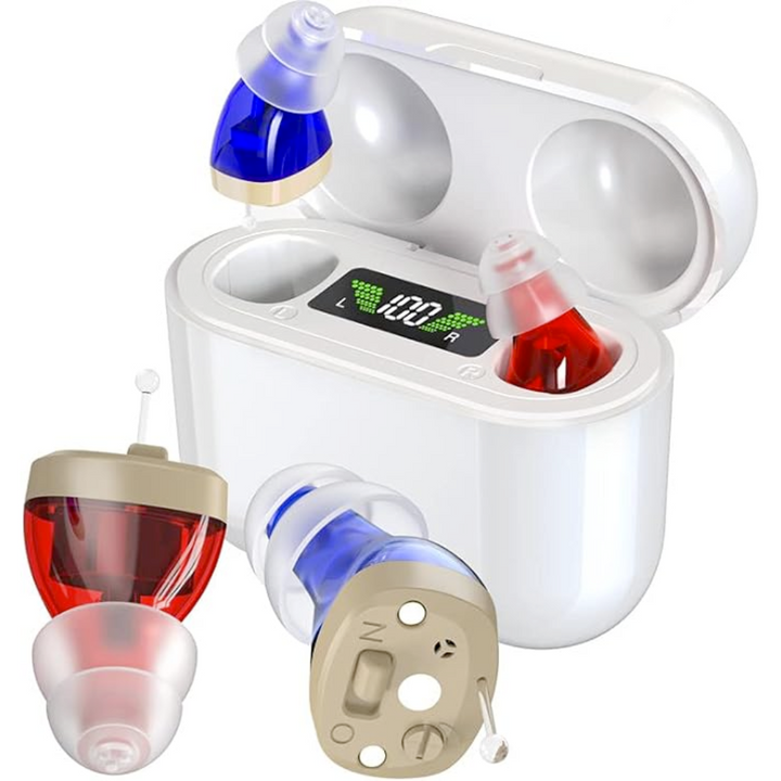 Unsichtbare Hörhilfe mit Geräuschfilter – Wiederaufladbares In-Ear-Gerät mit Ladeetui