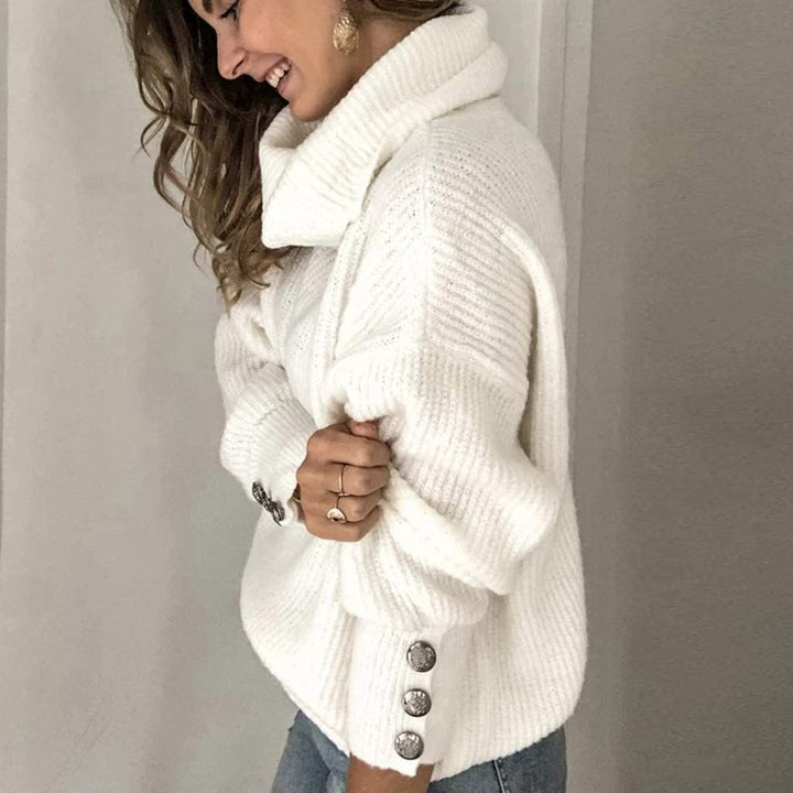 Damen Turtleneck Pullover Mit Knopfdetails Und Langem Schnitt
