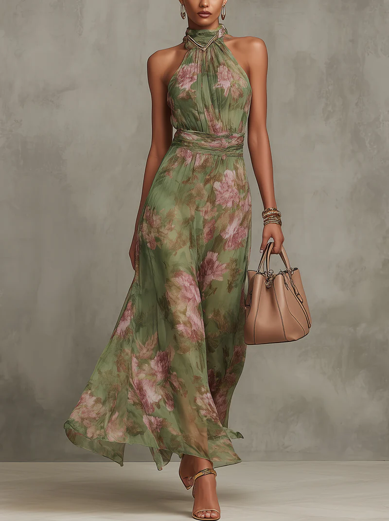 Green Floral Chiffon Halter Neck Maxi Dress