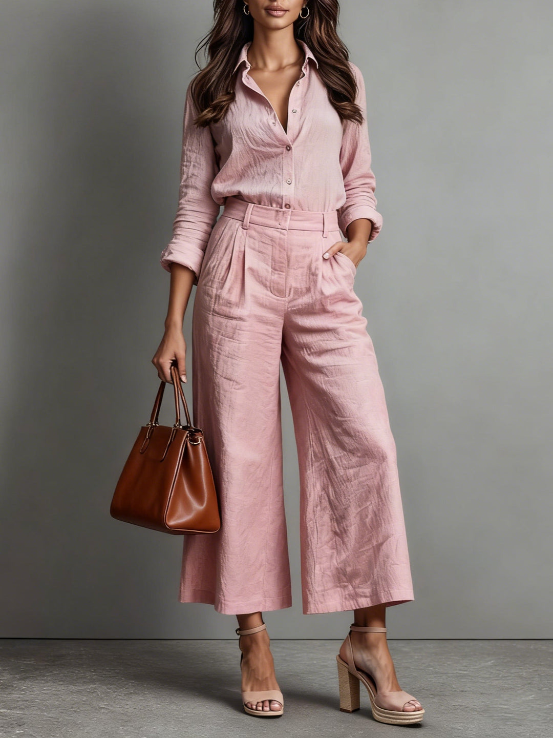 Women’s Pink Linen Capri Pants and Loose Shirt Set