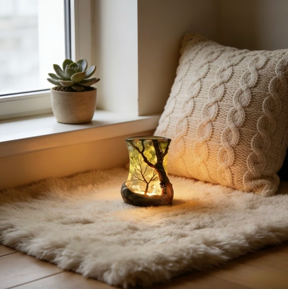 Tischlampe im Walddesign mit warmem LED-Licht auf einem Tisch