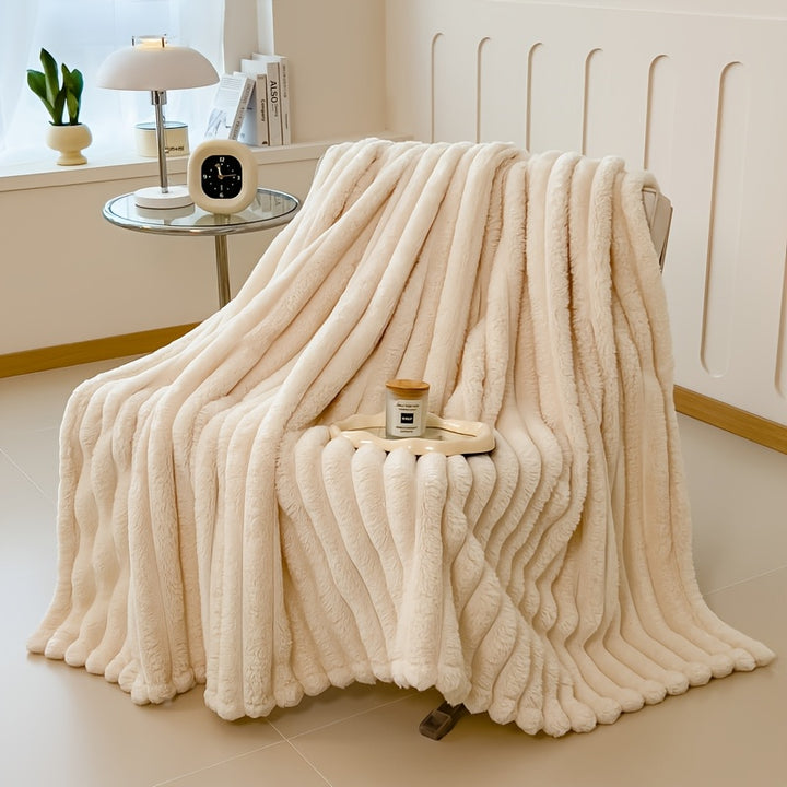 Streifen-Flanellkuscheldecke mit Kunstfell und Kordelzug