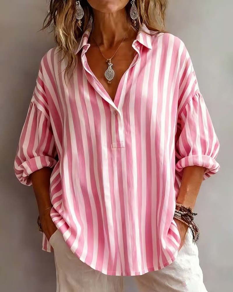 Loose-Fitting Striped Collared Blouse for Women
