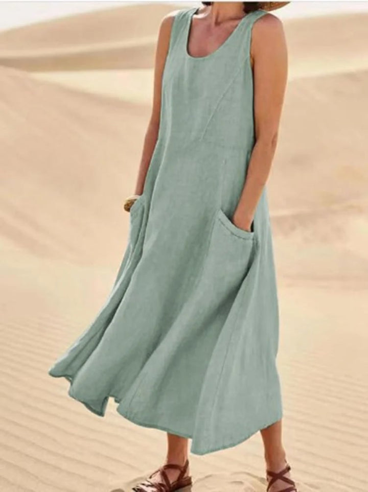 Women’s Sleeveless Cotton Linen Dress with Pockets
